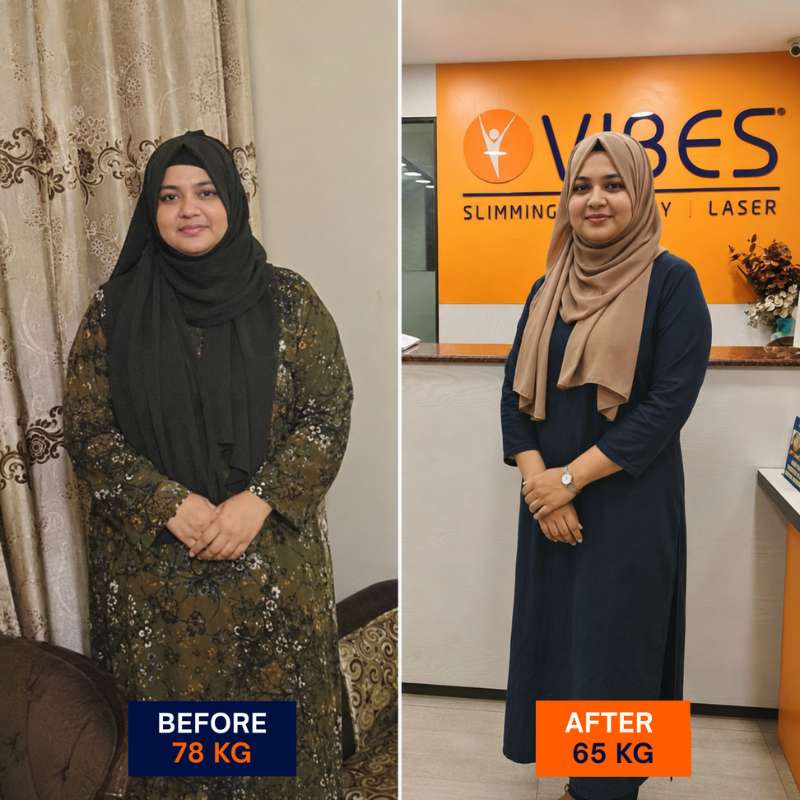 Before and after: 78 kg to 65 kg transformation at VIBES